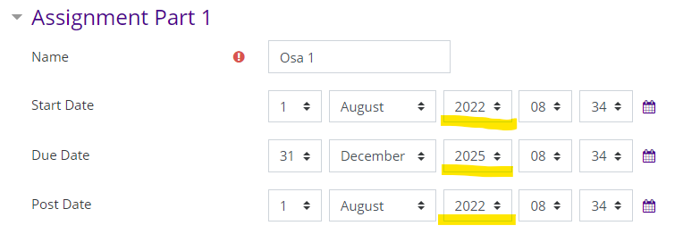 Date fields in Turnitin activity settings