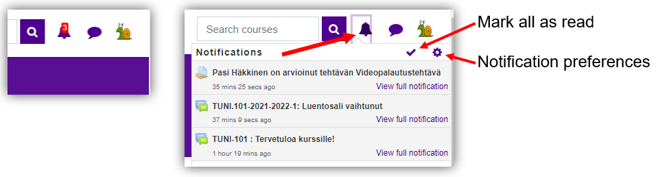 Moodle notification menu