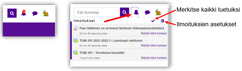 Moodlen ilmoitusvalikko