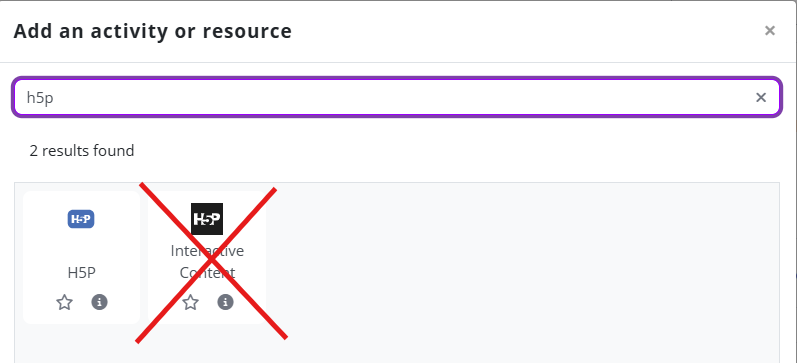 Screenshot of Moodle “Add activity” menu where the H5P Interactive Content icon is marked as denied.