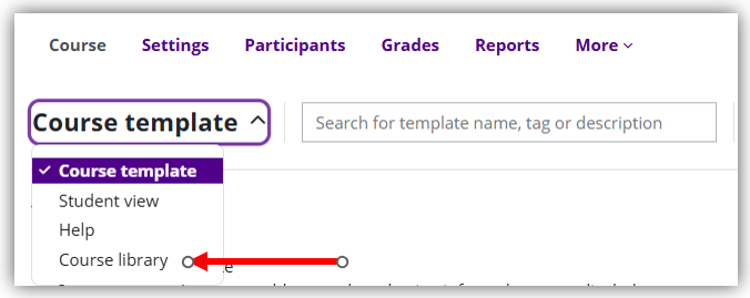 Start view of a new course, Course template dropdown menu open, Course library option highlighted.