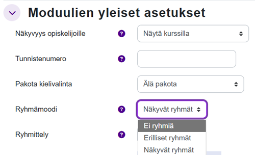 Ryhmämoodivalikko kurssin asetuksissa.