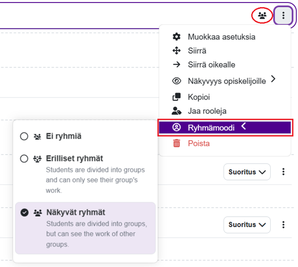 Ryhmämoodin valinta kurssialueen etusivulta.