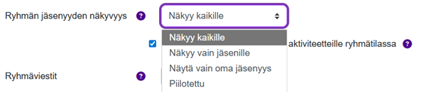 Valikko, josta valitaan ryhmän ja sen jäsenten näkyvyys opiskelijoille.