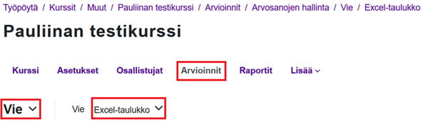 Vie arvioinnit Excel-tiedostona.