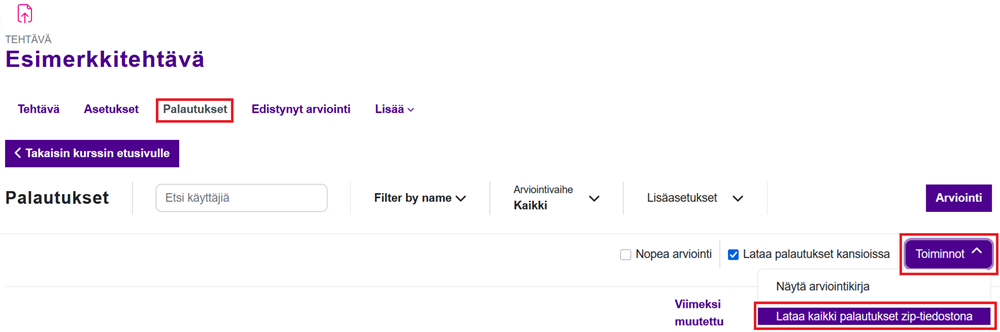 Lataa palautukset tehtävästä zip-tiedostona.