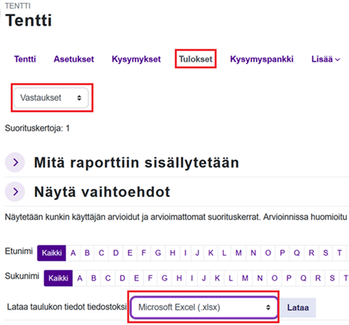 Lataa tentin tulokset Excel-tiedostoksi.