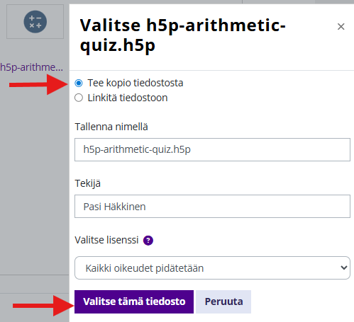 H5P-tiedoston valintaikkuna, jossa valittuna vaihtoehto Tee tiedostosta kopio.