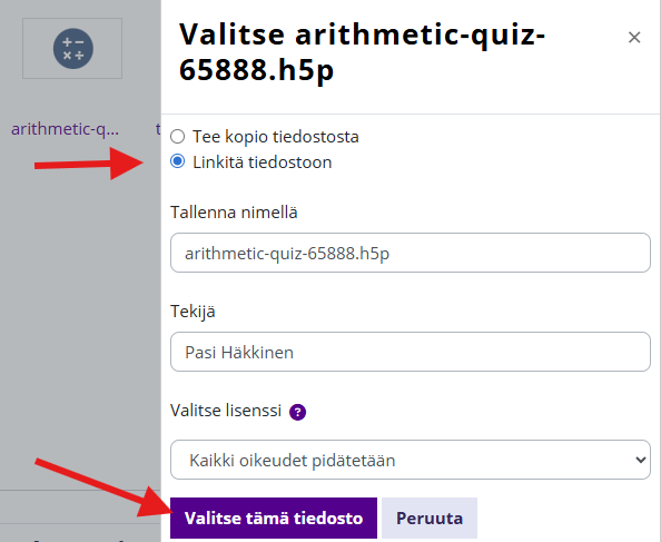 H5P-tiedoston valintaikkuna, jossa valittuna vaihtoehto Linkitä tiedostoon.