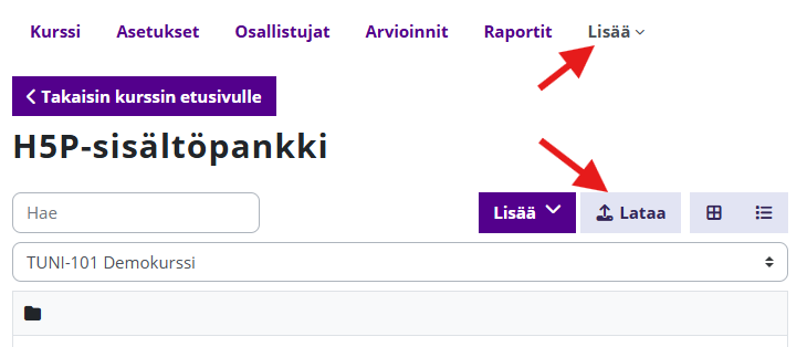 H5P-sisältöpankkinäkymä, nuoli osoittaa Lataa-nappia.