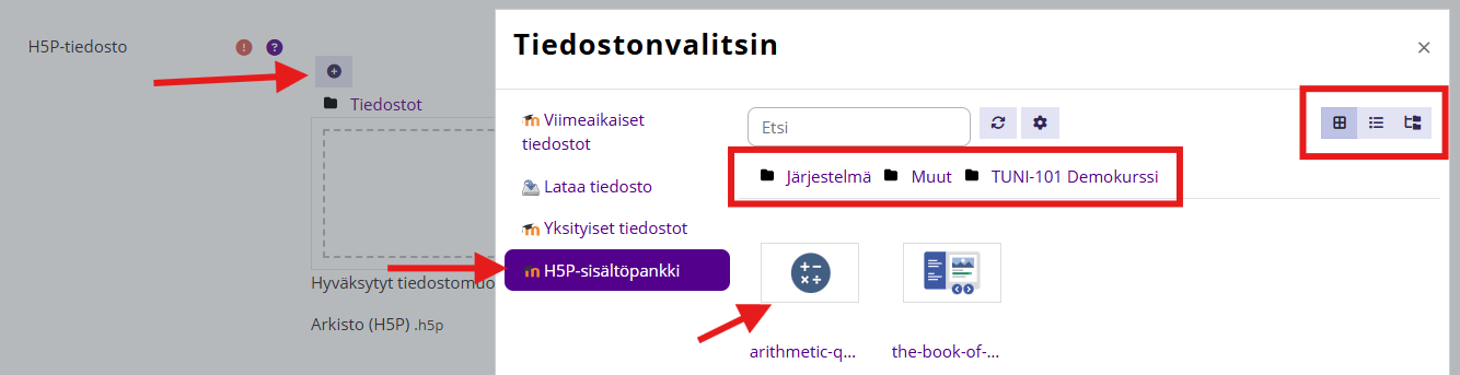 H5P-aktiviteetin asetukset, avattu Lisää-painikkeesta Tiedostonvalitsin, jossa näkyvissä H5P-sisältöpankki.