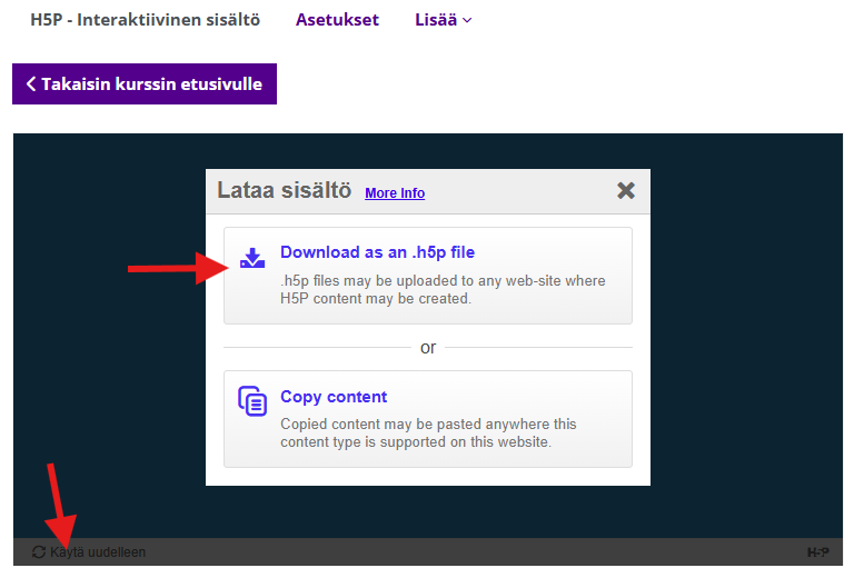 Vanha H5P-aktiviteetti, jossa klikattu Käytä uudelleen. Nuolella osoitettu kohta Download as an .h5p file.