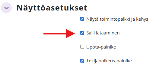 Vanhan H5P-aktiviteetin Näyttöasetukset, kohta Salli lataaminen rastitettuna.