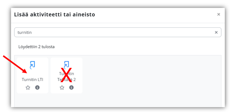 Moodlen Lisää aktiviteetti -valitsin, josta korostettuna Turnitin LTI -aktiviteetti.