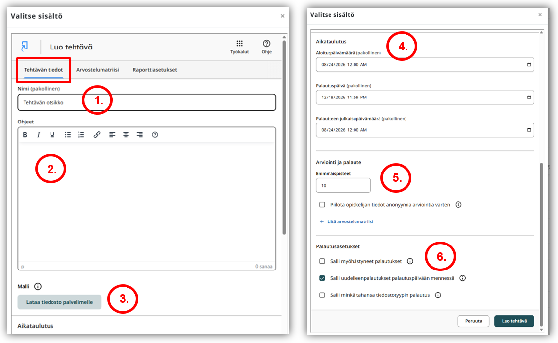 Turnitin LTI -tehtävän luontinäkymän Tehtävän tiedot -välilehti ja sen sisältämät lomakekentät.