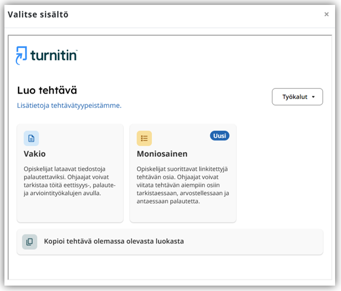 Turnitin LTI -tehtävän luontinäkymä: tehtävän tyypin valinta.
