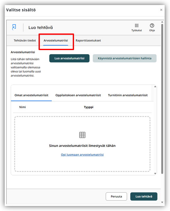Turnitin LTI -tehtävän luontinäkymän Arvostelumatriisi-välilehti.