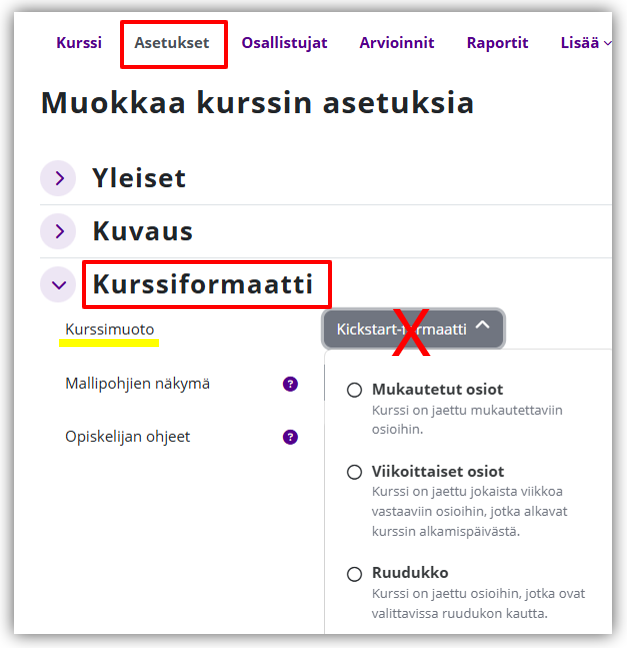 Kurssin asetukset, kurssiformaatti. Kickstart-formaatti ylirastitettuna.