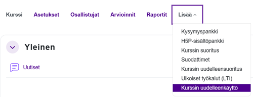 Kurssin uudelleenkäyttö -toiminto löytyy Lisää-välilehdeltä.