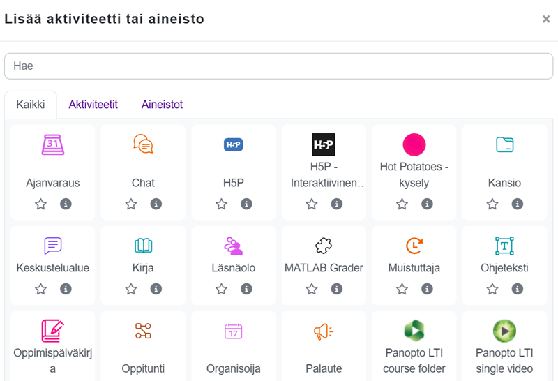 Aktiviteetti- ja aineistolistaus.