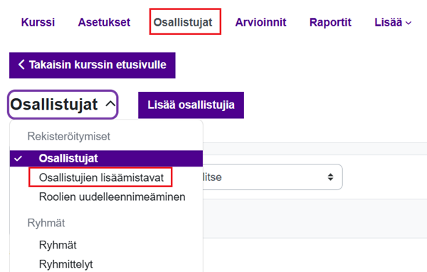 Osallistujien lisäämistavat Osallistujat-välilehden valikossa.