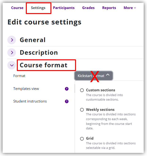 Course settings, course format section. Kickstart format marked with big red X.
