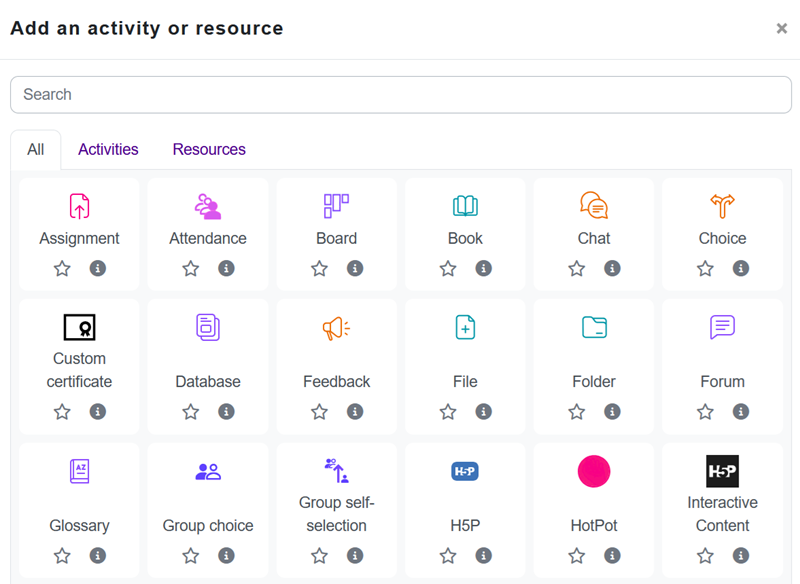 Activities and resources available.