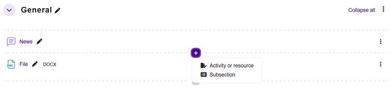 Add an activity or resource or a sub-section.