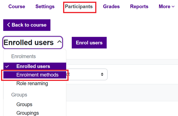 Enrolment methods on Participants tab.