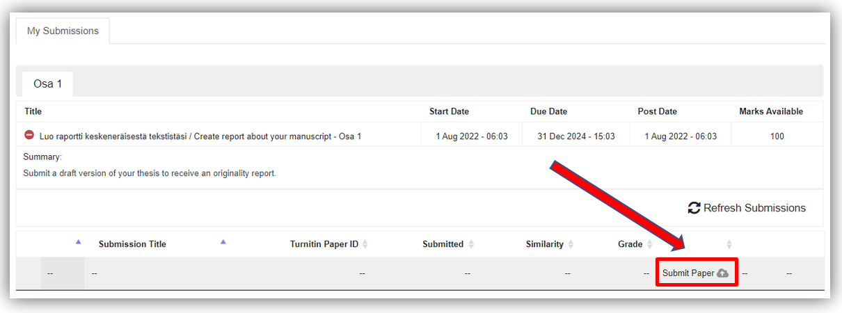 Submit Paper link for submitting file to Turnitin.