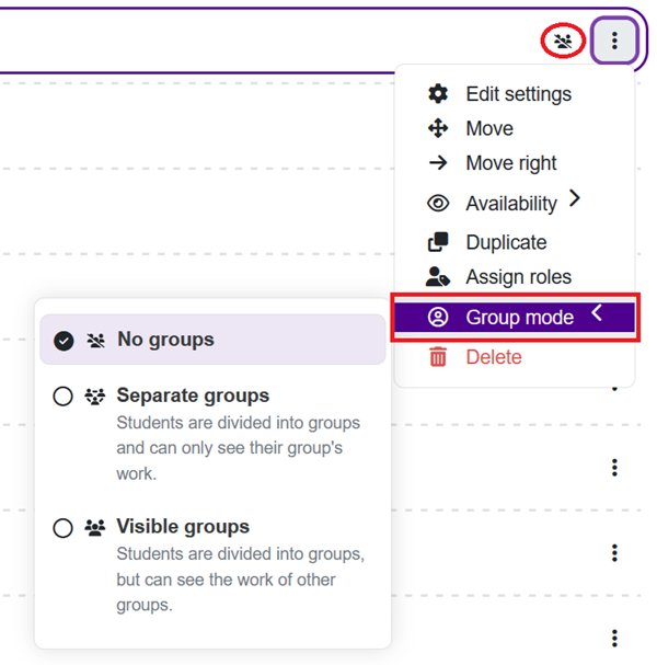 Setting group mode on the course page.