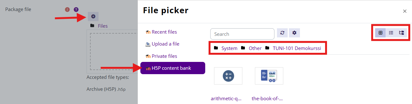 File picker view, H5P Content bank selected.