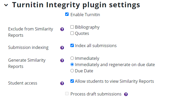 Turnitin Integrity plugin settings.