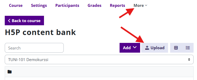 Course's H5P content bank, aroow pointin Upload button.
