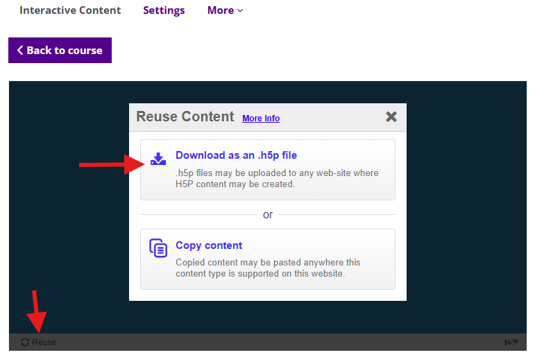Arrows pointing to Reuse link bottom left and Download as an .h5p file option in popup windows open from Reuse link.